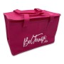Borsa frigo rosa con manici e cerniera per la cucina.