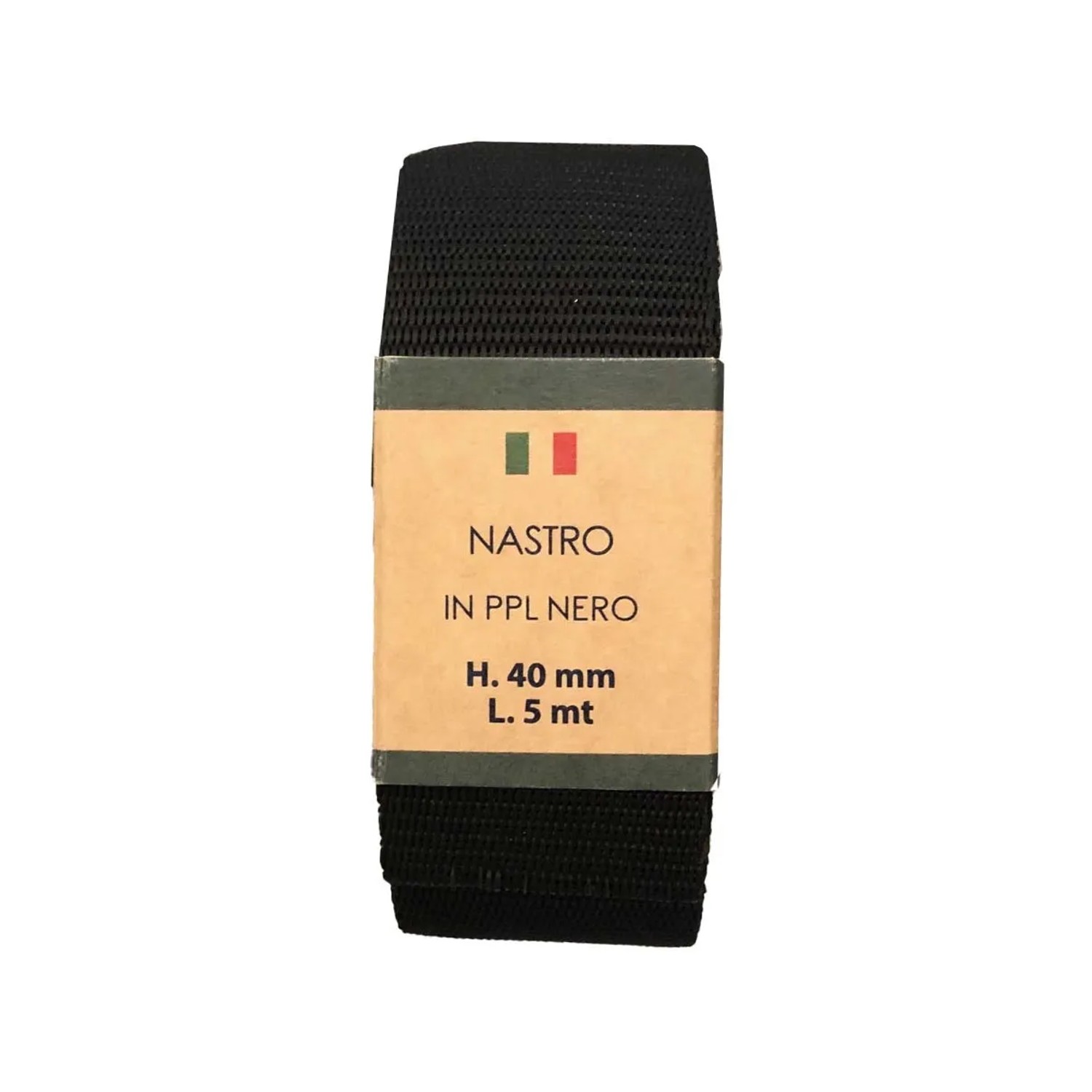 Nastro tessile nero t.b.t., larghezza 40mm, lunghezza 5m, per fissaggi.