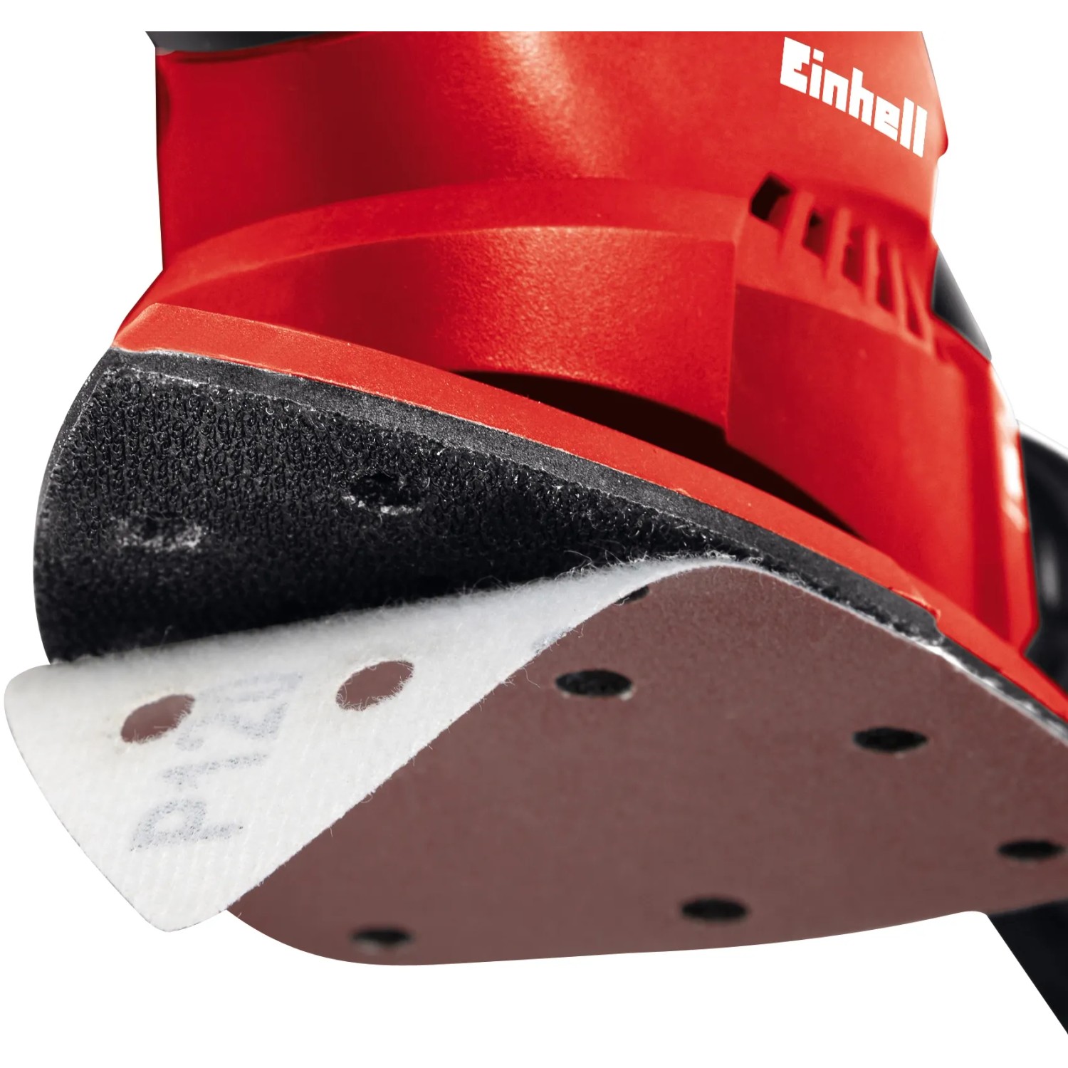 Dettaglio della levigatrice multifunzione rossa Einhell TH-OS 1016 con carta vetrata.