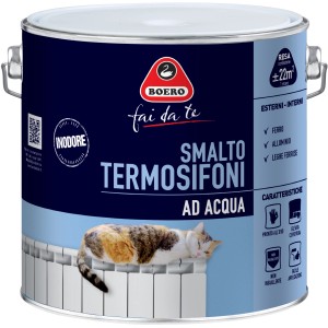 Smalto per termosifoni Boero, blu, con gatto sul termosifone. Ideale per dipingere i radiatori.