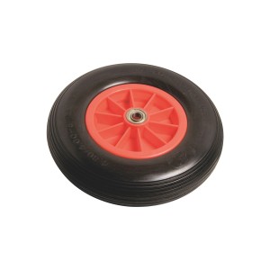 Ruota antiforatura con cerchio in plastica rosso e battistrada scanalato nero, Ø 400 mm.