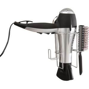 Asciugacapelli e spazzola in un sistema di montaggio a parete color argento.