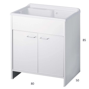 Mobile lavatoio bianco con due ante per lavanderia o bagno.