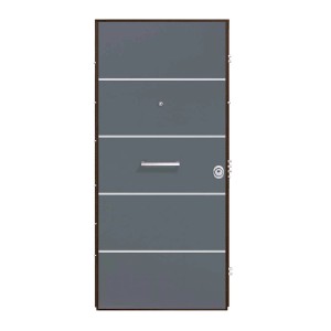 Porta blindata t.b.t. grigia con linee decorative orizzontali e maniglia.