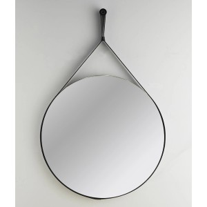 Specchio da parete rotondo con cornice nera e gancio.