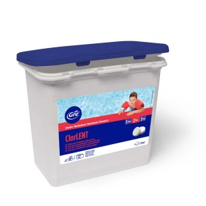 Clorlent trattamento acqua piscina in secchio con coperchio blu.
