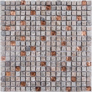 Piastrella mosaico t.b.t. con elementi grigi e color rame.