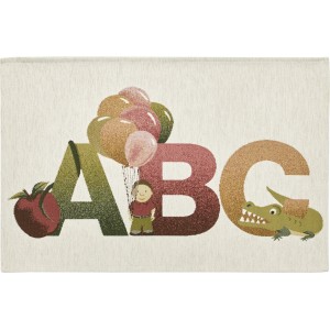 t.b.t. Tappeto per bambini con ABC, mela, bambino con palloncini e coccodrillo.