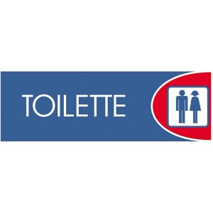 Cartello blu per toilette con pittogramma uomo e donna.