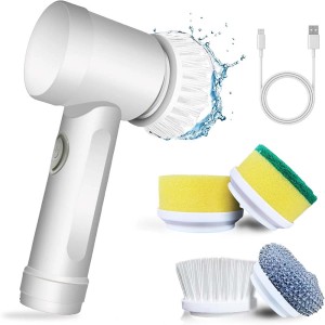 Spazzola elettrica per la pulizia con vari accessori e cavo di ricarica USB.