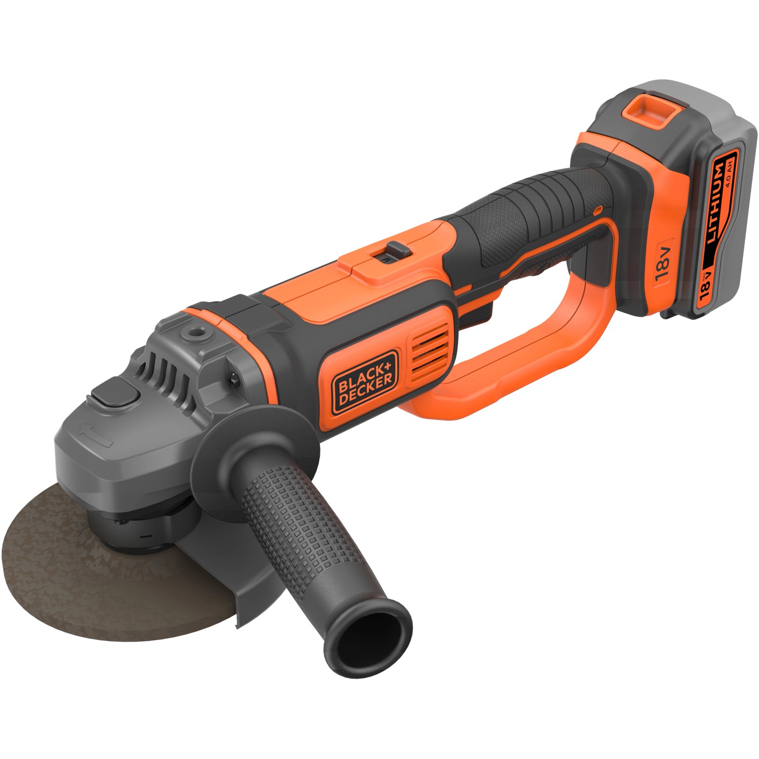 Smerigliatrice angolare a batteria Black+Decker BCG720M1, 18V, con batteria e impugnatura supplementare.
