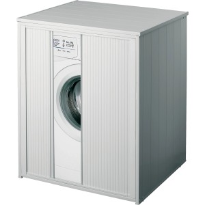 Mobile bagno bianco con ante a rullo per lavatrice.