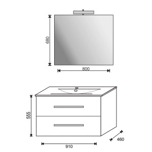 Schizzo: Mobile bagno con due cassetti e specchio con illuminazione. Le dimensioni sono indicate.