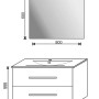 Schizzo: Mobile bagno con due cassetti e specchio con illuminazione. Le dimensioni sono indicate.