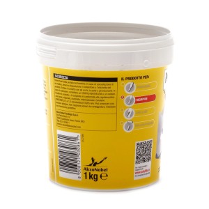 Secchio di t.b.t. per stucco da muro, contenitore giallo con coperchio bianco.