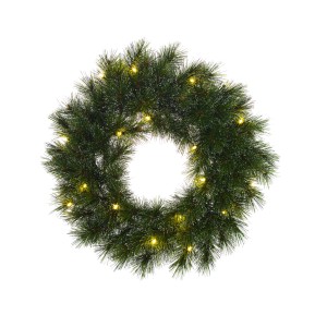 Ghirlanda natalizia verde con luci bianco caldo per un'atmosfera festosa.