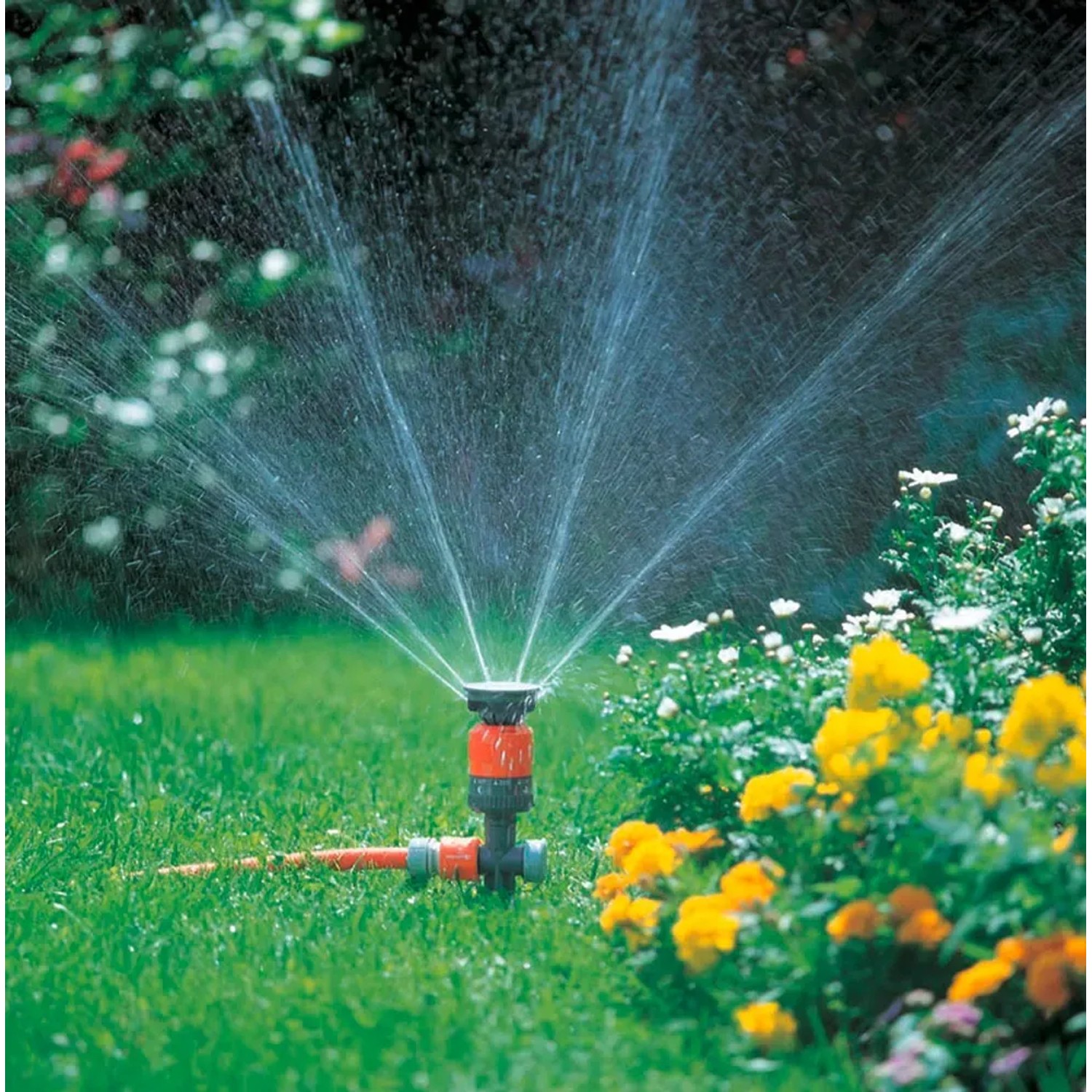 Irrigatore a cerchio Gardena Comfort Vario su picchetto irriga il prato. Spruzzo in giardino.