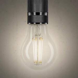 Lampadina LED E27 con vetro trasparente e base nera.