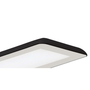 Dettaglio di una moderna lampada a LED per specchio con cornice nera. Accessorio per specchi.