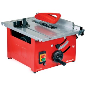 Sega circolare da banco Einhell, rossa, con lama in metallo e protezione rossa.