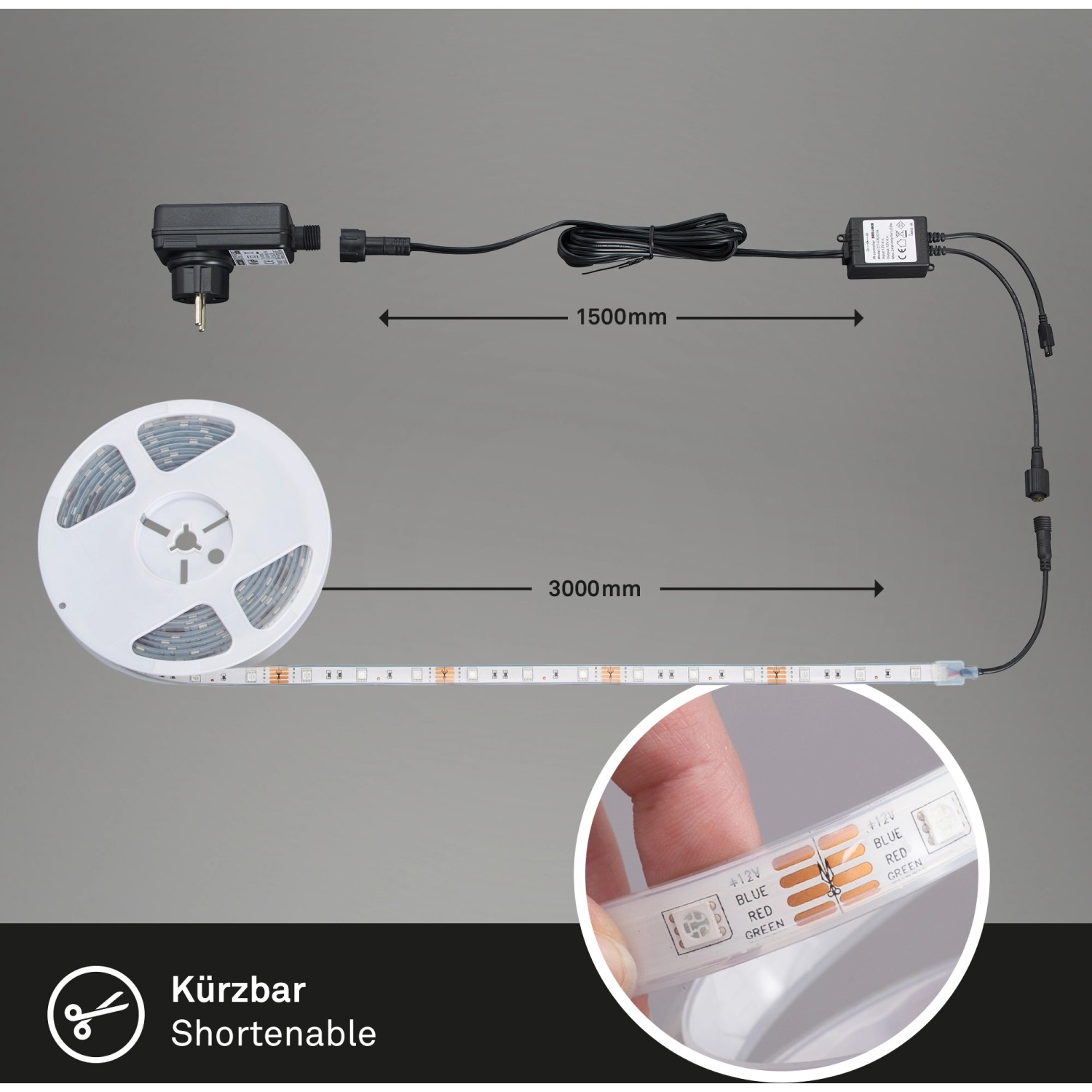 Striscia LED flessibile da esterno 3 m con telecomando, cambio colore e trasformatore su bobina.