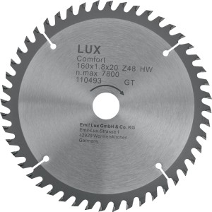 Lama per sega circolare LUX, 160x1.8x20 mm, Z48 HW. Ideale per seghe circolari e troncatrici.