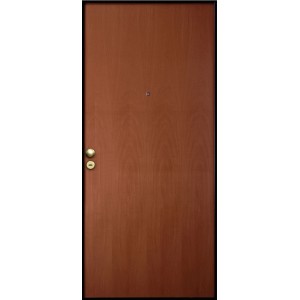 Porta blindata marrone (t.b.t.) con spioncino e maniglia dorata.
