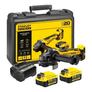 Set smerigliatrice angolare a batteria Stanley Fatmax con batterie, caricabatterie e custodia.