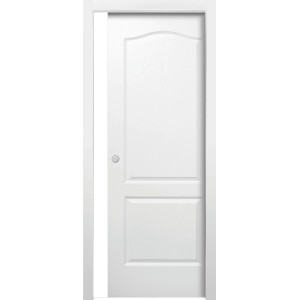 Porta interna bianca con due pannelli e parte superiore arrotondata.
