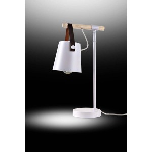Lampada da scrivania bianca con dettagli in legno e cinturino in pelle.