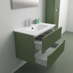 Mobile bagno verde con cassetti aperti, parte della serie di arredo bagno.