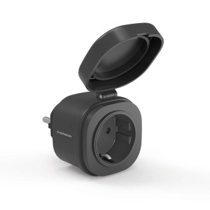 Presa da esterno Thomson nera con coperchio aperto.