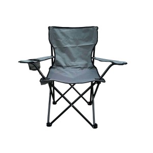 Sedia da campeggio grigia con portabibite per attività all'aperto.