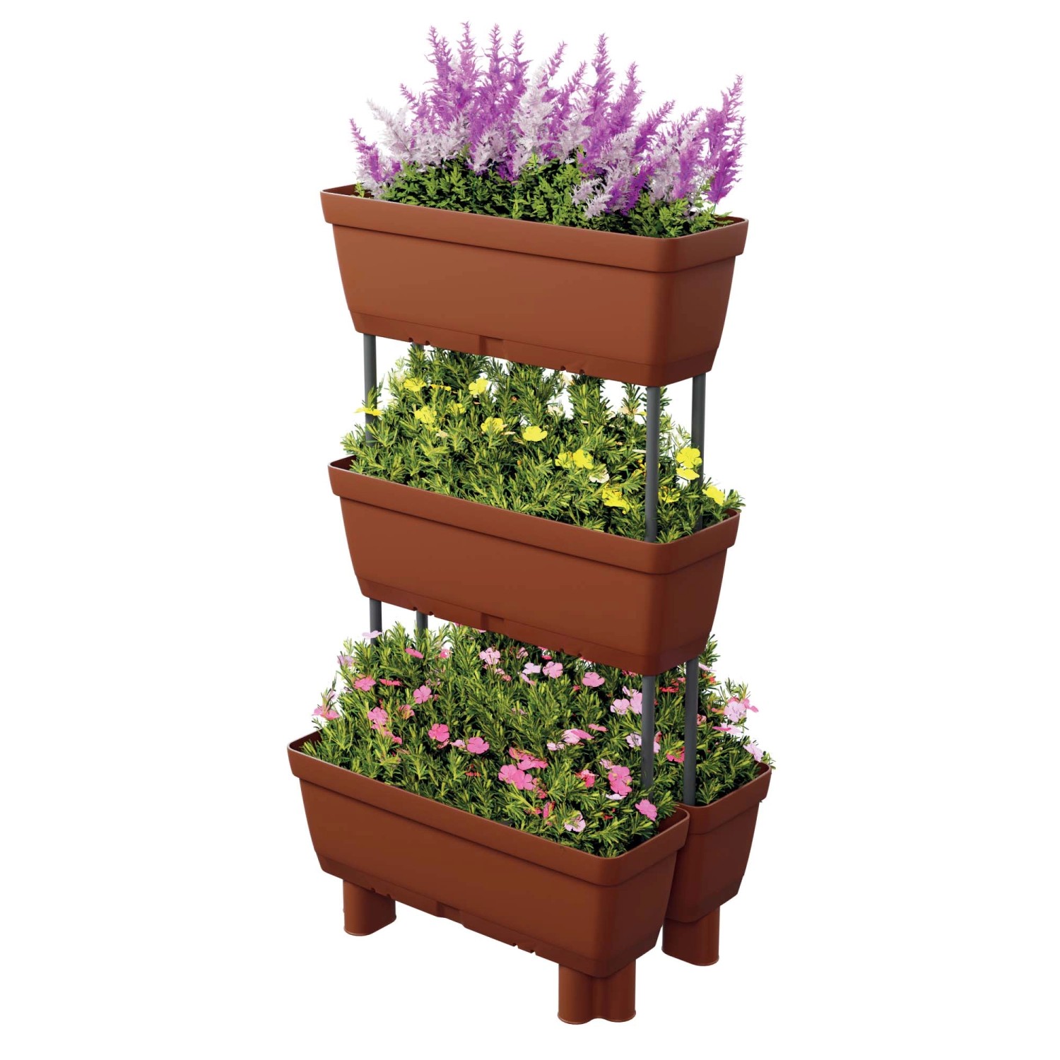 Colonna di fioriere da esterno t.b.t. marrone con fiori viola, gialli e rosa.