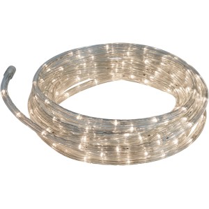 Catena luminosa da esterno trasparente arrotolata con LED bianco caldo.