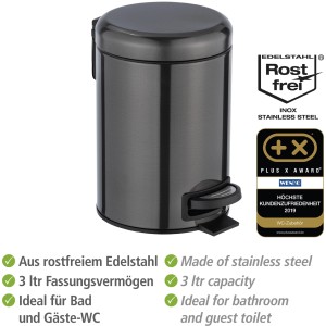 Wenko Leman pattumiera a pedale per cosmetici, 3L, nero metallizzato, acciaio inox per bagno e WC.