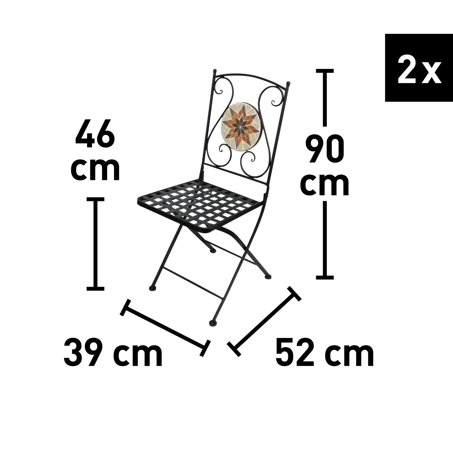 Sedia set balcone Honobia, acciaio con mosaico, pieghevole, dimensioni disegnate