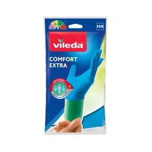 Guanti per uso domestico Vileda Comfort & Care, taglia M, in confezione blu/verde.