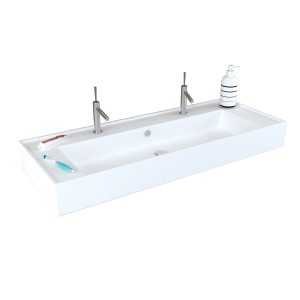 Lavabo singolo t.b.t. bianco con due rubinetti, dispenser sapone, spazzolino e dentifricio.