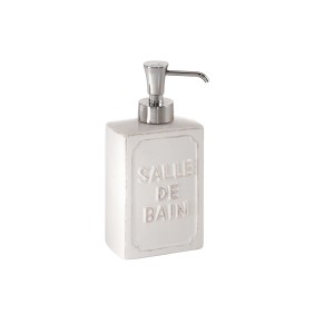Dispenser sapone bianco con scritta "Salle de Bain" e erogatore argento.