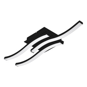 Moderna lampada da parete a LED Cabezas-E di Eglo, nera, con profili luminosi curvi.