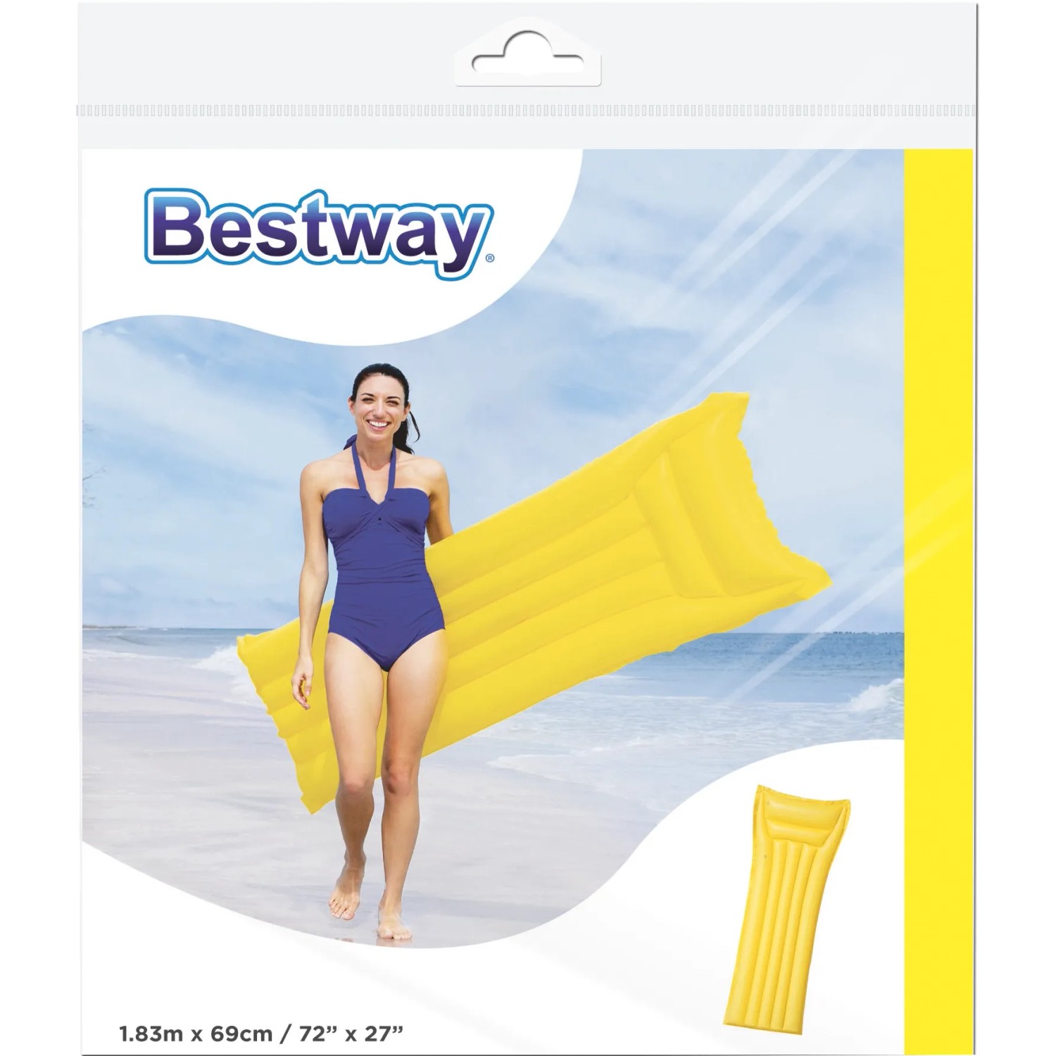 Confezione di un materassino gonfiabile giallo Bestway. Ideale per l'estate al mare o in piscina.