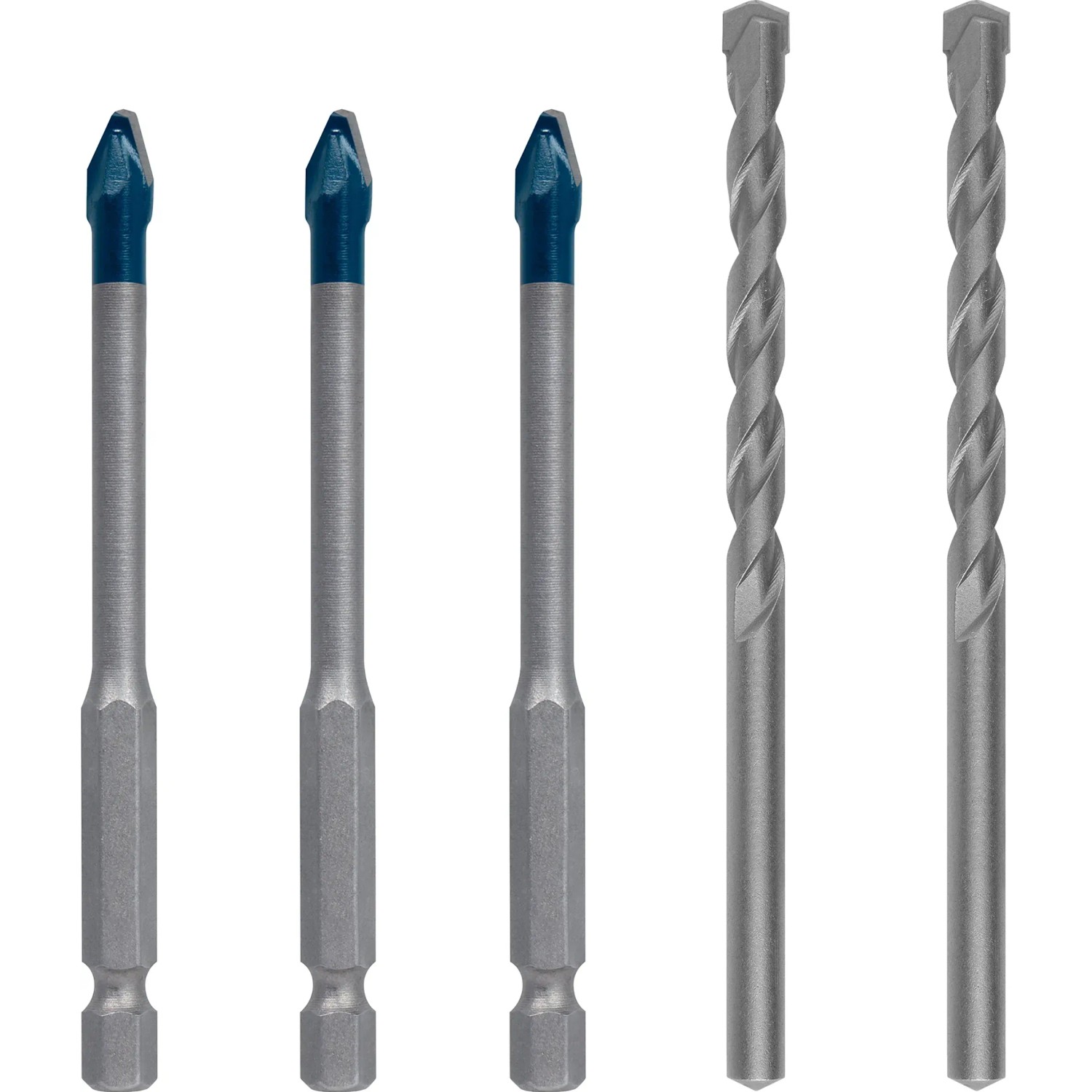 Set di punte per ceramica Bosch Expert Hard, 5 pezzi, con punta blu e codolo esagonale.