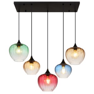 Lampada a sospensione t.b.t. multicolore con cinque paralumi in vetro per interni.