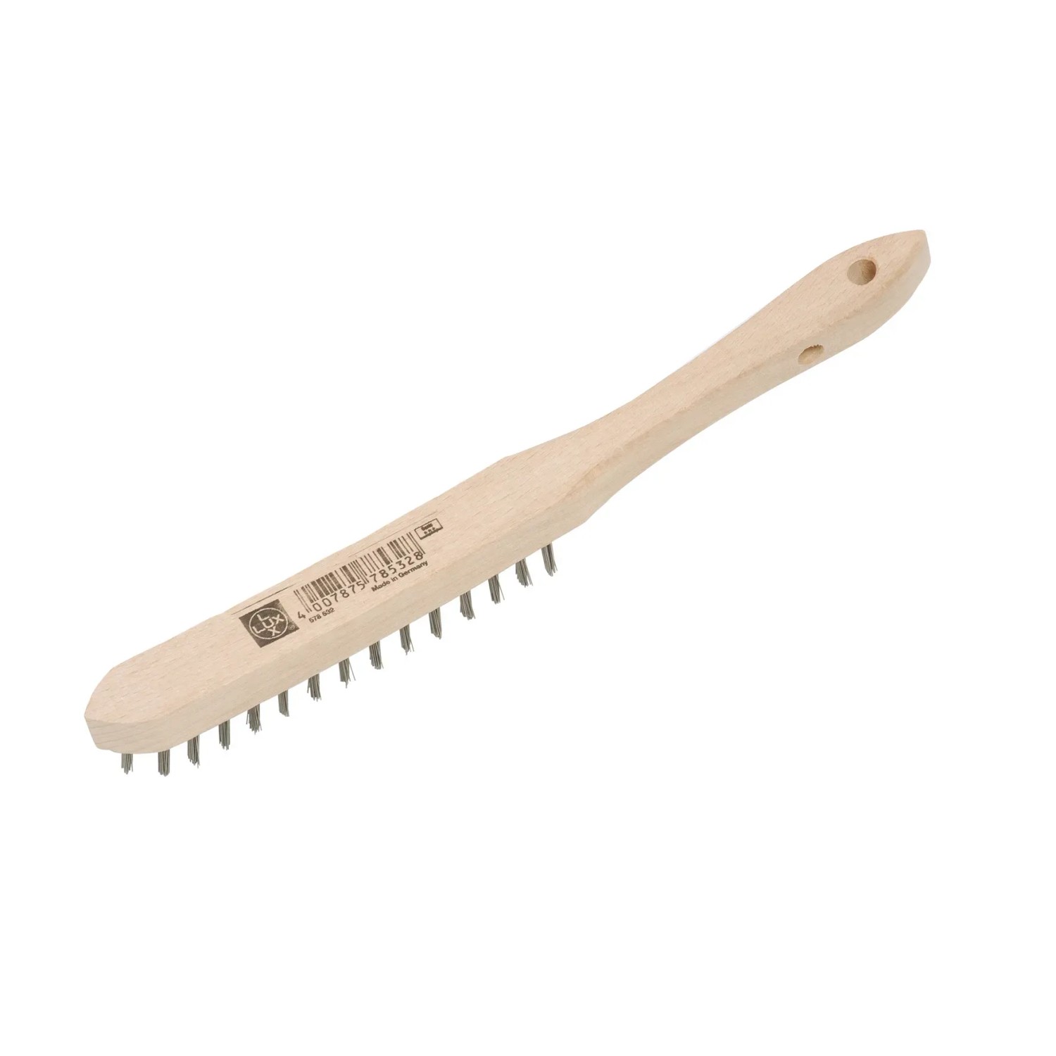 Spazzola a filo d'acciaio LUX, a 2 file, con manico in legno per pulire e rimuovere la ruggine da metallo e legno.