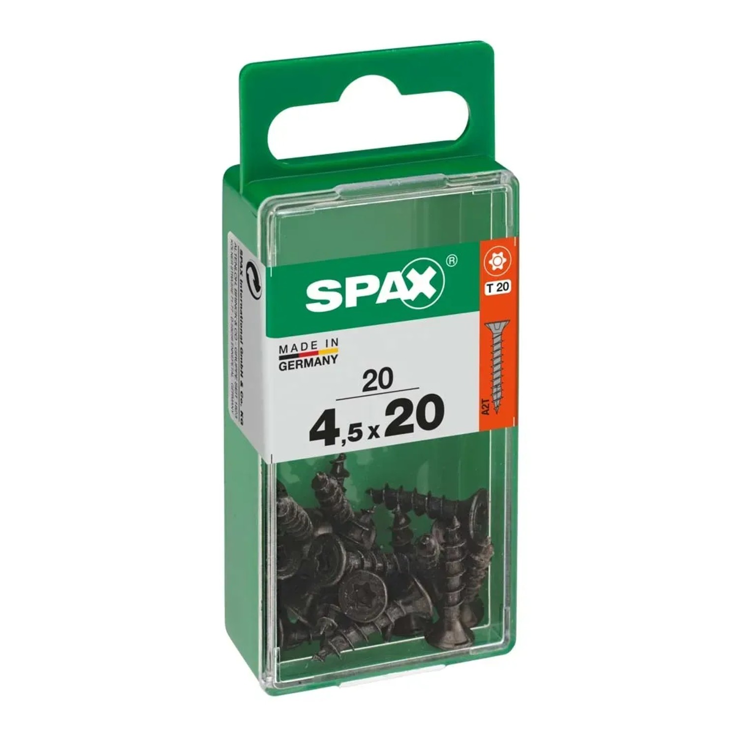 Viti universali Spax 4,5x20 mm, zincate, nere, 20 pezzi in contenitore di plastica verde.