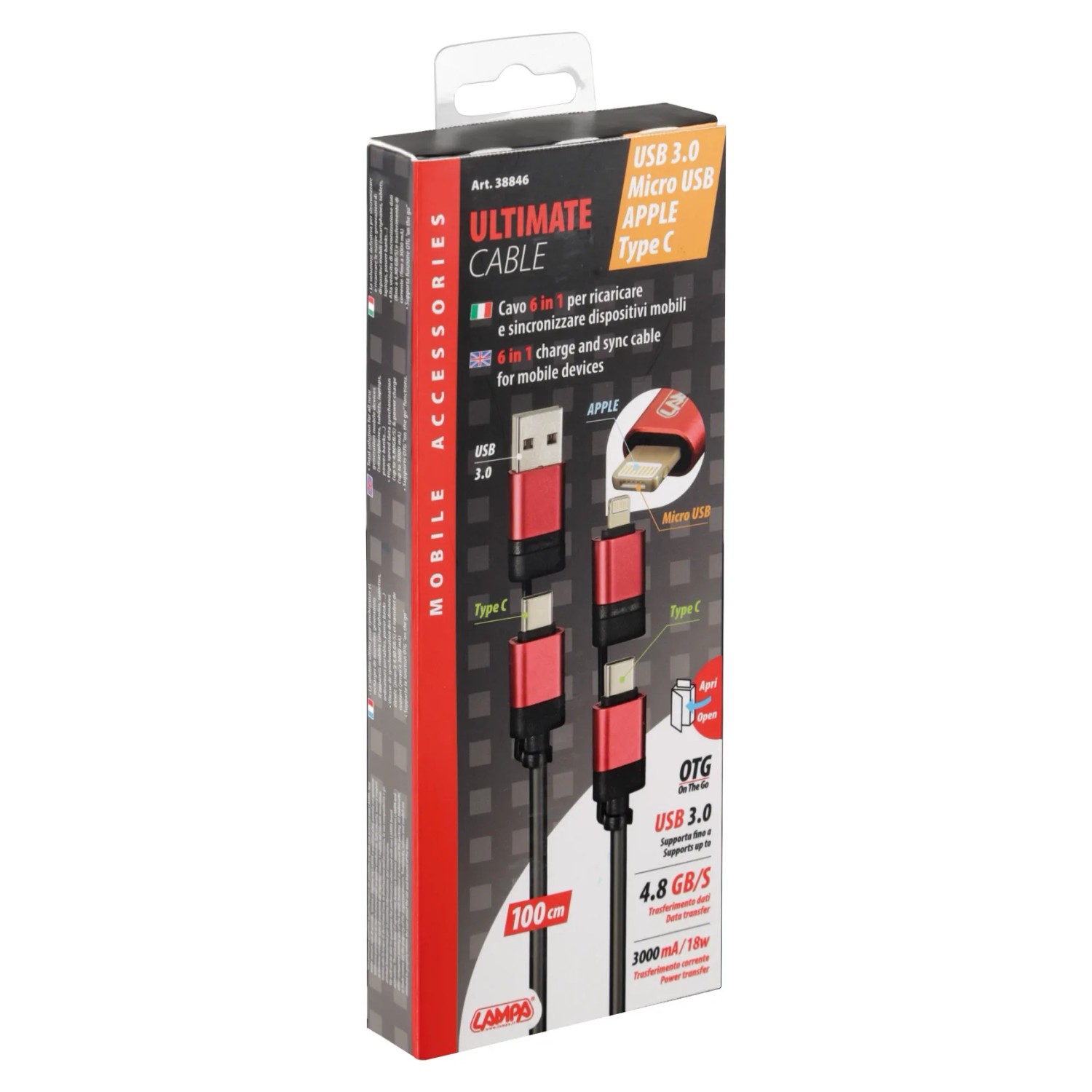 Cavo USB t.b.t. per interni auto, 6 in 1, rosso/nero.