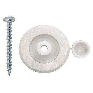Set di fissaggio per lastre in plastica: Vite e tappo di copertura in bianco.