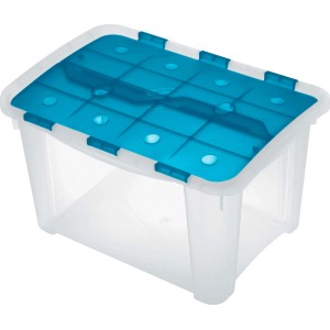 Contenitore trasparente con coperchio blu. Ideale per lo stoccaggio e l'organizzazione.