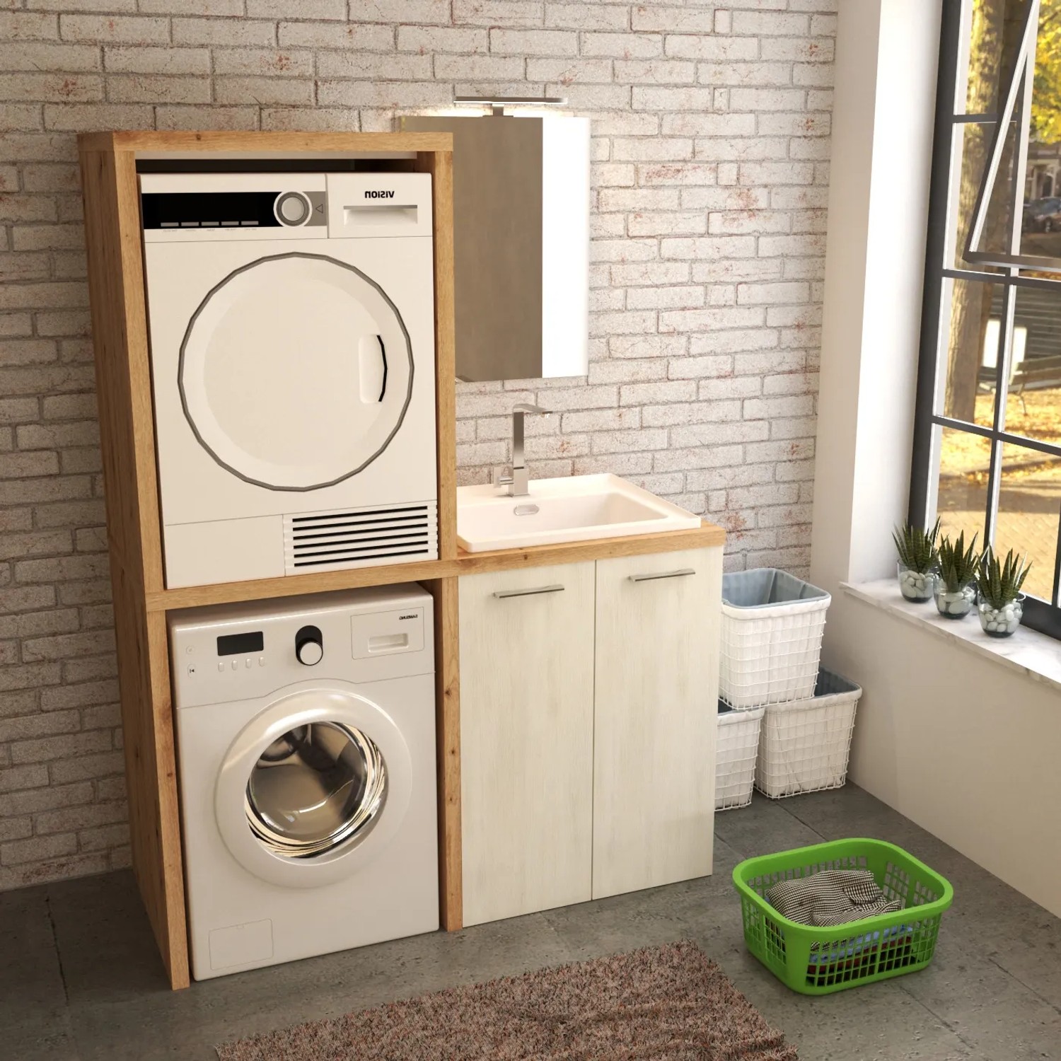 Lavatrice e asciugatrice in set di mobili bagno con lavabo e specchiera.